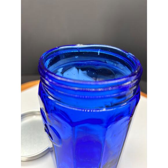 Hoosier Cabinet Style Cobalt Blue Glass Embossed TEA Jar With Metal Screw Lid - Picture 2 of 13